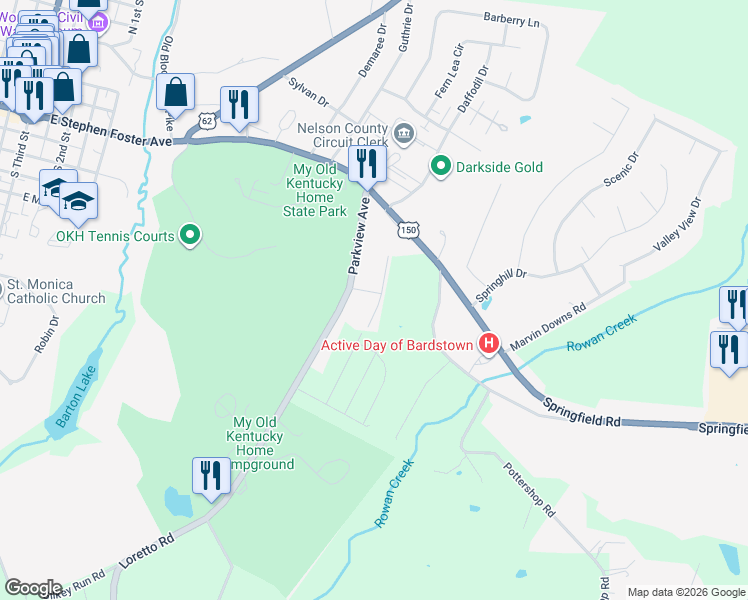 map of restaurants, bars, coffee shops, grocery stores, and more near Eastview Avenue in Bardstown