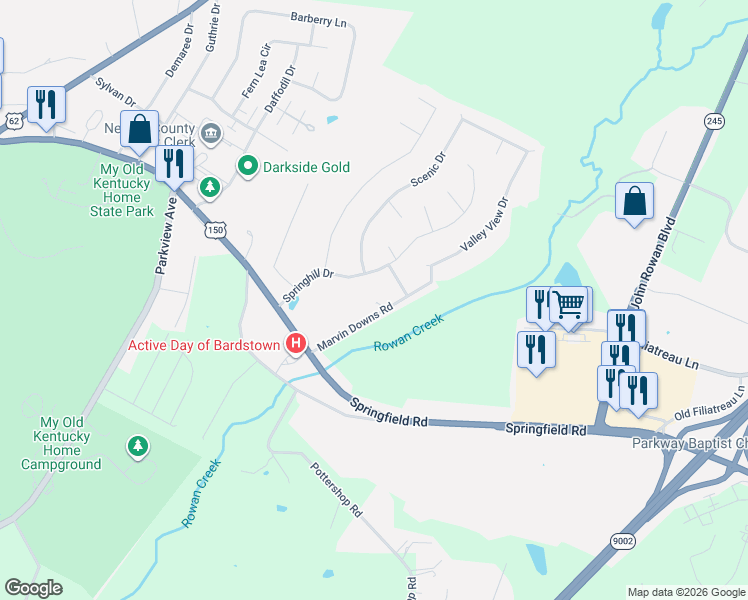 map of restaurants, bars, coffee shops, grocery stores, and more near 232 Marvin Downs Road in Bardstown