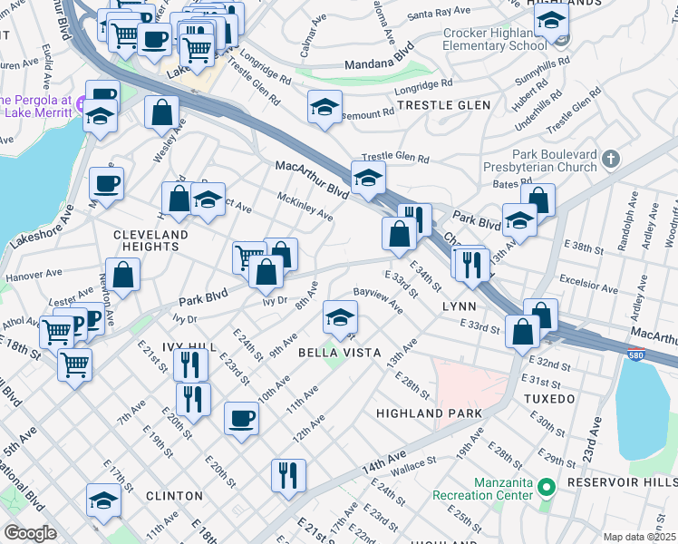 map of restaurants, bars, coffee shops, grocery stores, and more near 2982 Park Boulevard in Oakland