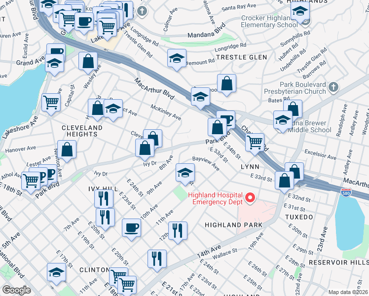 map of restaurants, bars, coffee shops, grocery stores, and more near 2980 Park Boulevard in Oakland