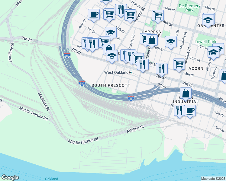 map of restaurants, bars, coffee shops, grocery stores, and more near 1551 3rd Street in Oakland