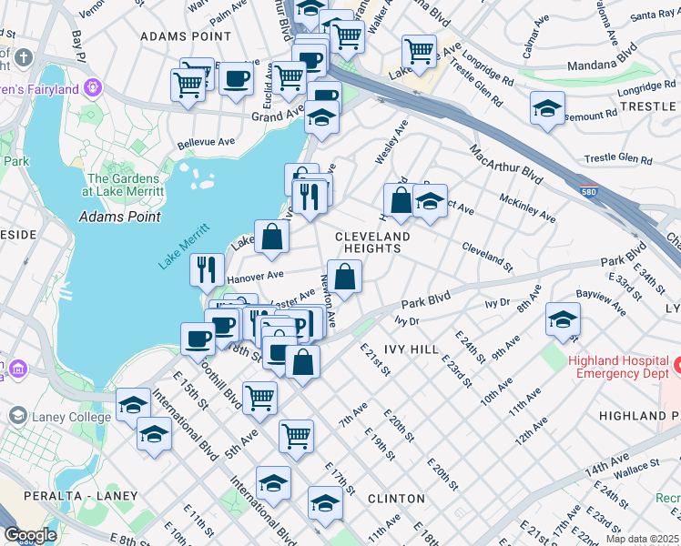 map of restaurants, bars, coffee shops, grocery stores, and more near 426 Lester Avenue in Oakland