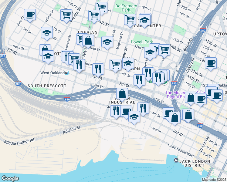 map of restaurants, bars, coffee shops, grocery stores, and more near Adeline St & 5th St in Oakland