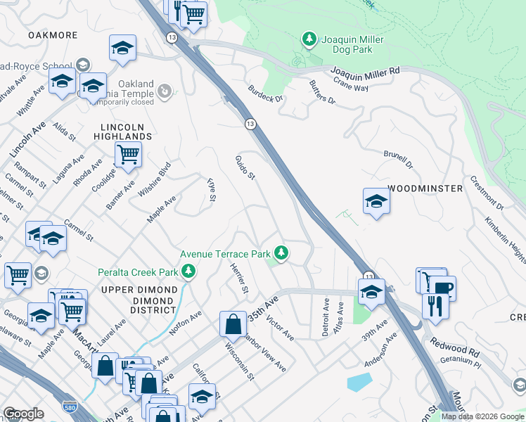 map of restaurants, bars, coffee shops, grocery stores, and more near 4380 Rettig Avenue in Oakland