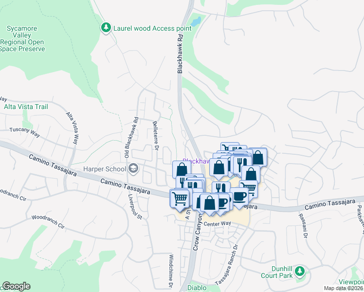 map of restaurants, bars, coffee shops, grocery stores, and more near 525 Silver Oak Lane in Danville