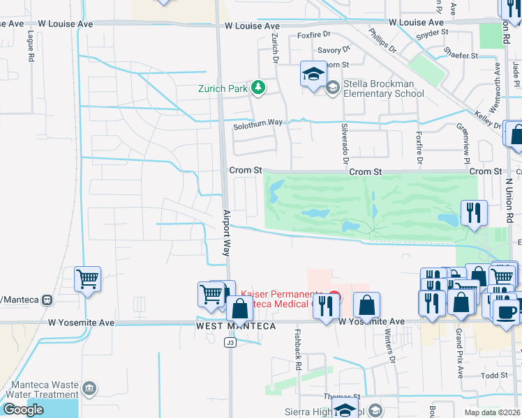 map of restaurants, bars, coffee shops, grocery stores, and more near 472 Airport Way in Manteca