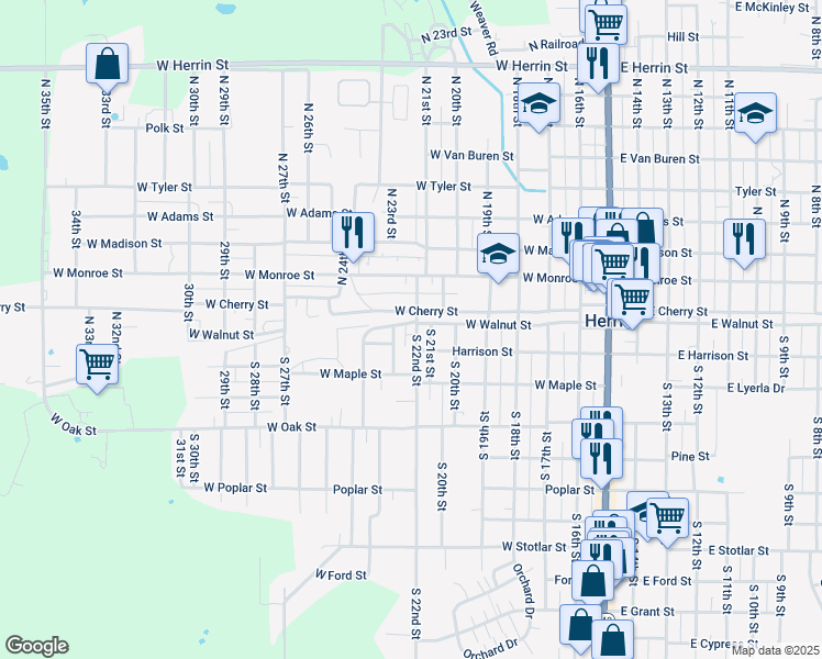map of restaurants, bars, coffee shops, grocery stores, and more near 101 22nd Street in Herrin