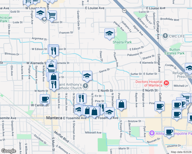 map of restaurants, bars, coffee shops, grocery stores, and more near 359 Harding Avenue in Manteca