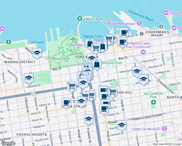 map of restaurants, bars, coffee shops, grocery stores, and more near 2940 Van Ness Avenue in San Francisco