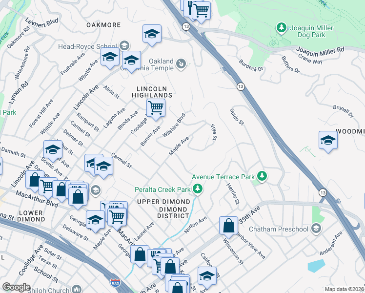 map of restaurants, bars, coffee shops, grocery stores, and more near 4186 Maple Avenue in Oakland