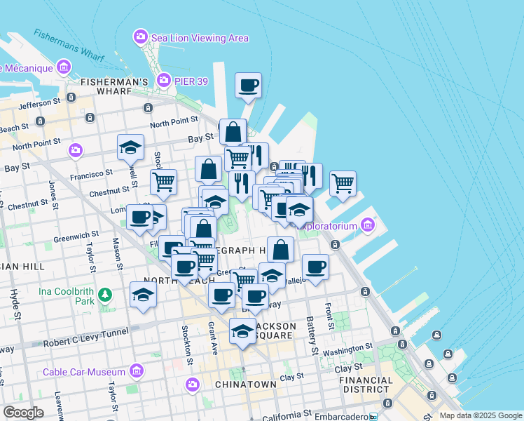 map of restaurants, bars, coffee shops, grocery stores, and more near 287 Greenwich Street in San Francisco