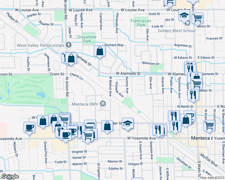 map of restaurants, bars, coffee shops, grocery stores, and more near 412 North Walnut Avenue in Manteca