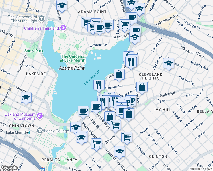 map of restaurants, bars, coffee shops, grocery stores, and more near 1918 Lakeshore Avenue in Oakland