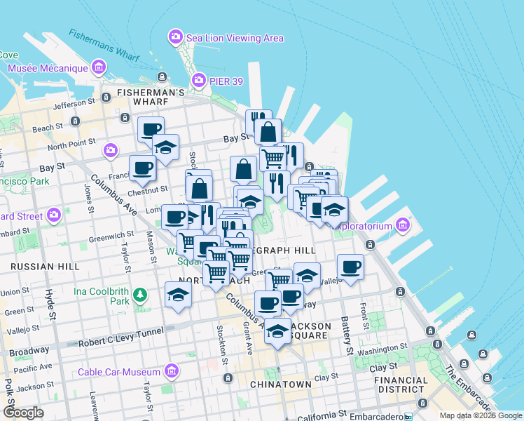 map of restaurants, bars, coffee shops, grocery stores, and more near 280 Telegraph Hill Boulevard in San Francisco