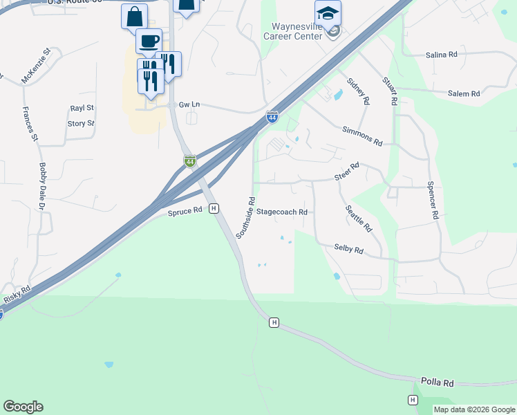 map of restaurants, bars, coffee shops, grocery stores, and more near 20485 Stagecoach Road in Waynesville