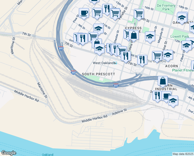 map of restaurants, bars, coffee shops, grocery stores, and more near 1551 3rd Street in Oakland
