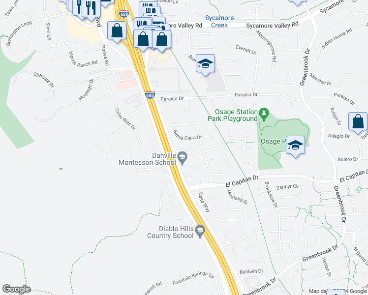 map of restaurants, bars, coffee shops, grocery stores, and more near 19 Glen Valley Circle in Danville