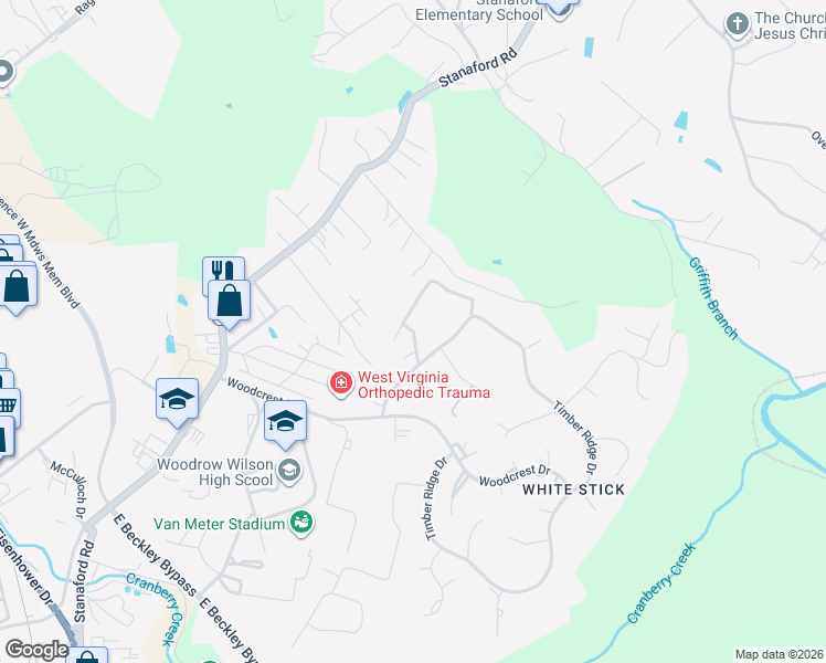 map of restaurants, bars, coffee shops, grocery stores, and more near Fox Sparrow Road in Beckley