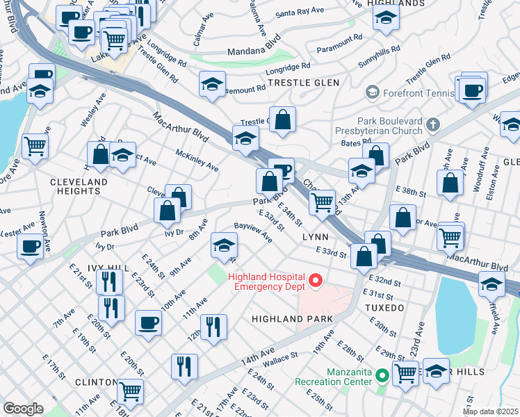 map of restaurants, bars, coffee shops, grocery stores, and more near 1008 East 33rd Street in Oakland