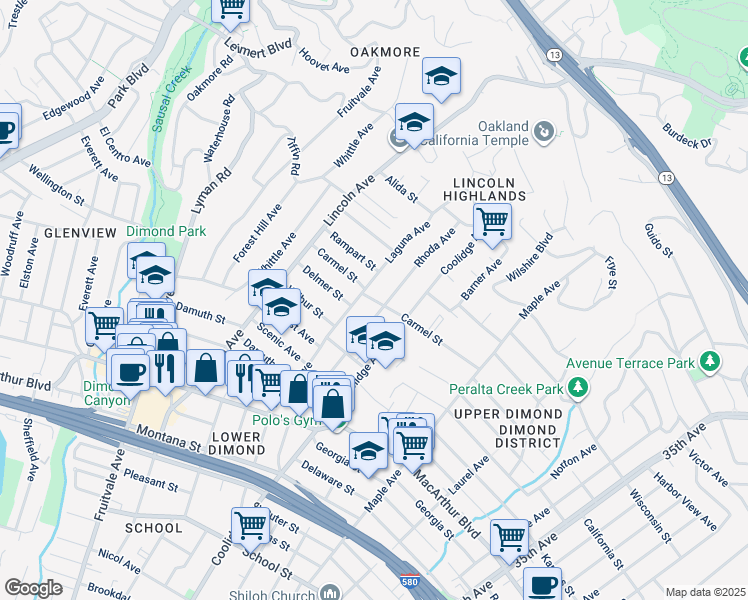 map of restaurants, bars, coffee shops, grocery stores, and more near 2621 Carmel Street in Oakland