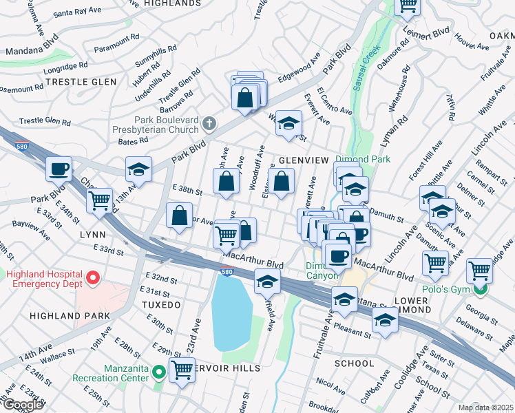 map of restaurants, bars, coffee shops, grocery stores, and more near 3801 Elston Avenue in Oakland