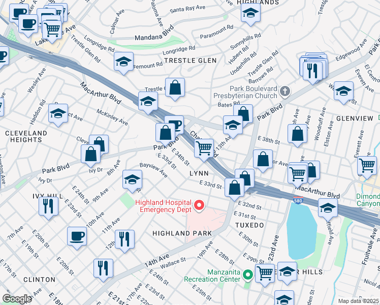 map of restaurants, bars, coffee shops, grocery stores, and more near 1234 East 34th Street in Oakland