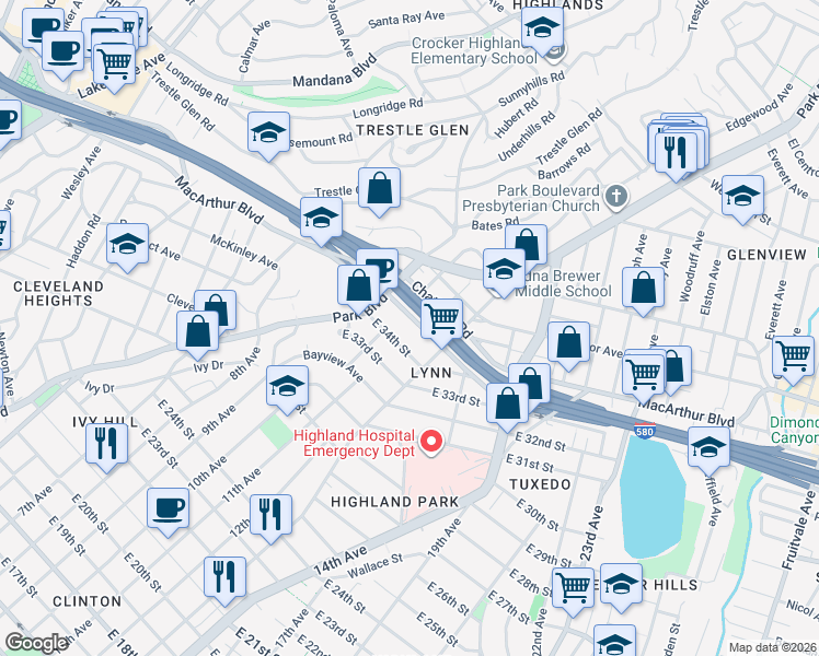map of restaurants, bars, coffee shops, grocery stores, and more near 1234 East 34th Street in Oakland