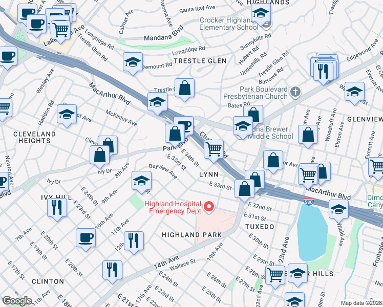 map of restaurants, bars, coffee shops, grocery stores, and more near 1234 East 34th Street in Oakland