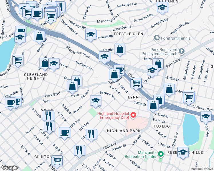 map of restaurants, bars, coffee shops, grocery stores, and more near 3140 Park Boulevard in Oakland
