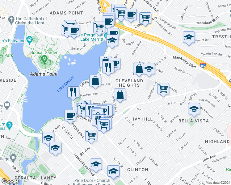map of restaurants, bars, coffee shops, grocery stores, and more near 350 Newton Avenue in Oakland