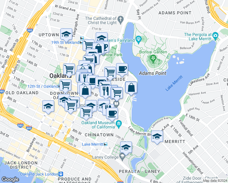 map of restaurants, bars, coffee shops, grocery stores, and more near 1551 Madison Street in Oakland