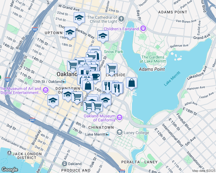 map of restaurants, bars, coffee shops, grocery stores, and more near 1505 Jackson Street in Oakland