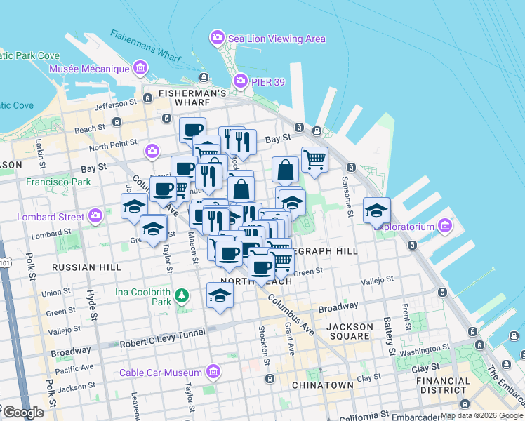 map of restaurants, bars, coffee shops, grocery stores, and more near 463 Lombard Street in San Francisco