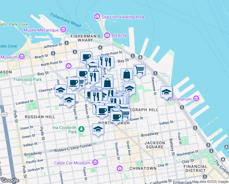 map of restaurants, bars, coffee shops, grocery stores, and more near 463 Lombard Street in San Francisco