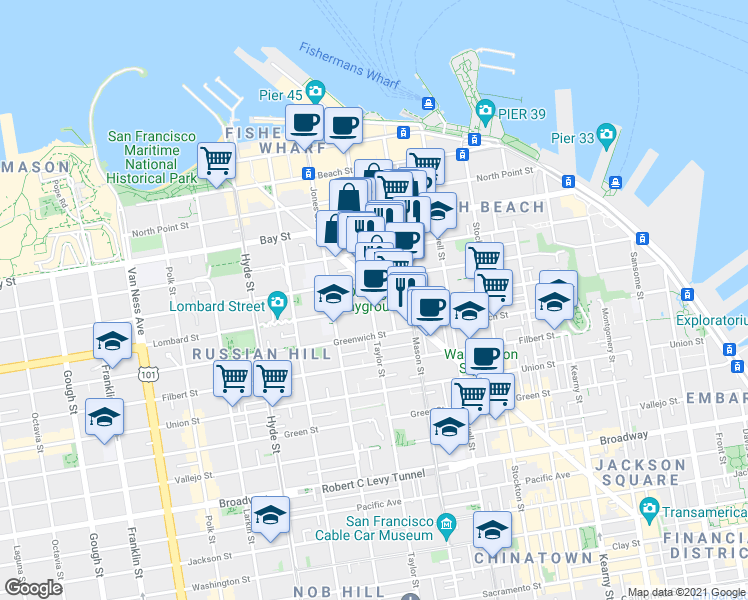 map of restaurants, bars, coffee shops, grocery stores, and more near 2221 Taylor Street in San Francisco