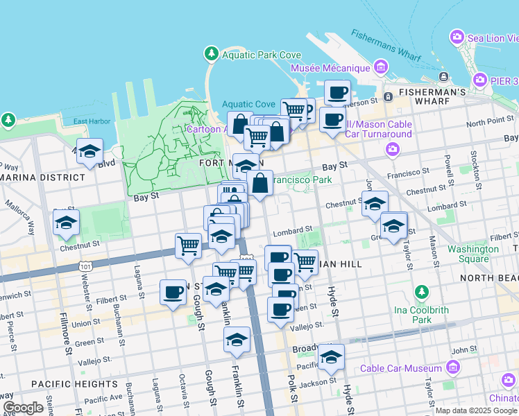 map of restaurants, bars, coffee shops, grocery stores, and more near 1135 Francisco Street in San Francisco