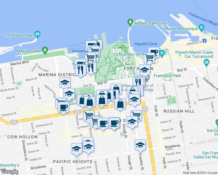 map of restaurants, bars, coffee shops, grocery stores, and more near 3321 Octavia Street in San Francisco