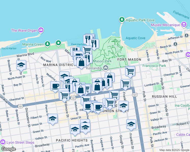 map of restaurants, bars, coffee shops, grocery stores, and more near in San Francisco