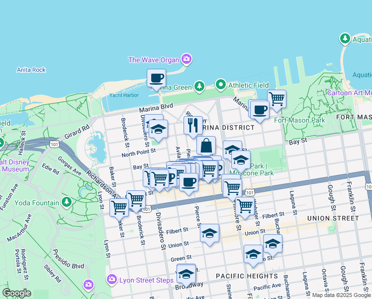 map of restaurants, bars, coffee shops, grocery stores, and more near in San Francisco