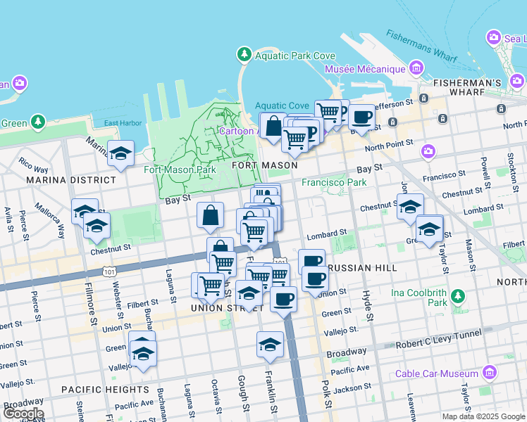 map of restaurants, bars, coffee shops, grocery stores, and more near 2955 Van Ness Avenue in San Francisco