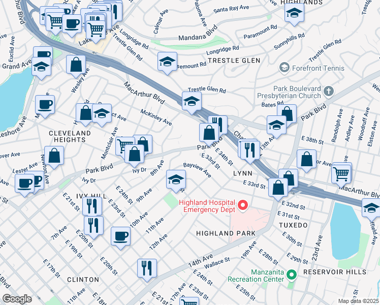 map of restaurants, bars, coffee shops, grocery stores, and more near 3140 Park Boulevard in Oakland
