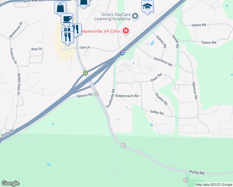 map of restaurants, bars, coffee shops, grocery stores, and more near 20485 Stagecoach Road in Waynesville