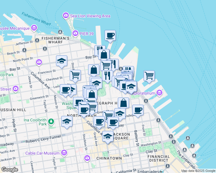 map of restaurants, bars, coffee shops, grocery stores, and more near 1500 Montgomery Street in San Francisco