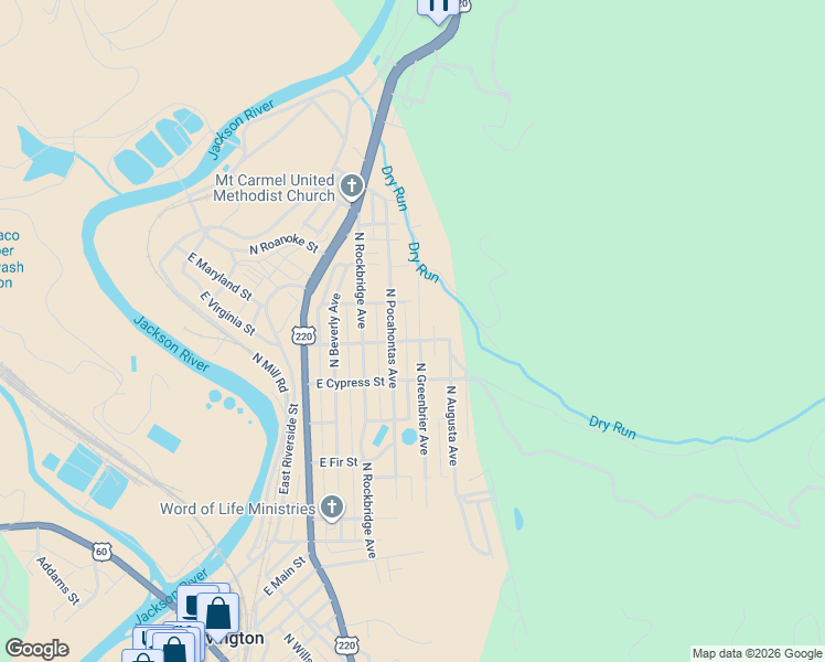 map of restaurants, bars, coffee shops, grocery stores, and more near 907 North Greenbrier Avenue in Covington