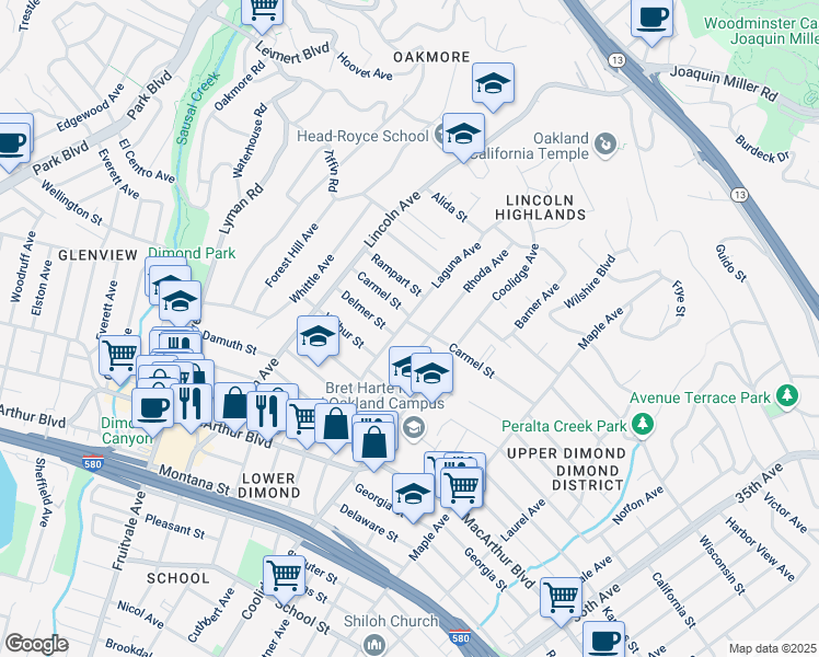 map of restaurants, bars, coffee shops, grocery stores, and more near 2605 Carmel Street in Oakland