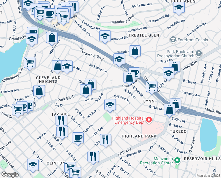 map of restaurants, bars, coffee shops, grocery stores, and more near 2982 Park Boulevard in Oakland