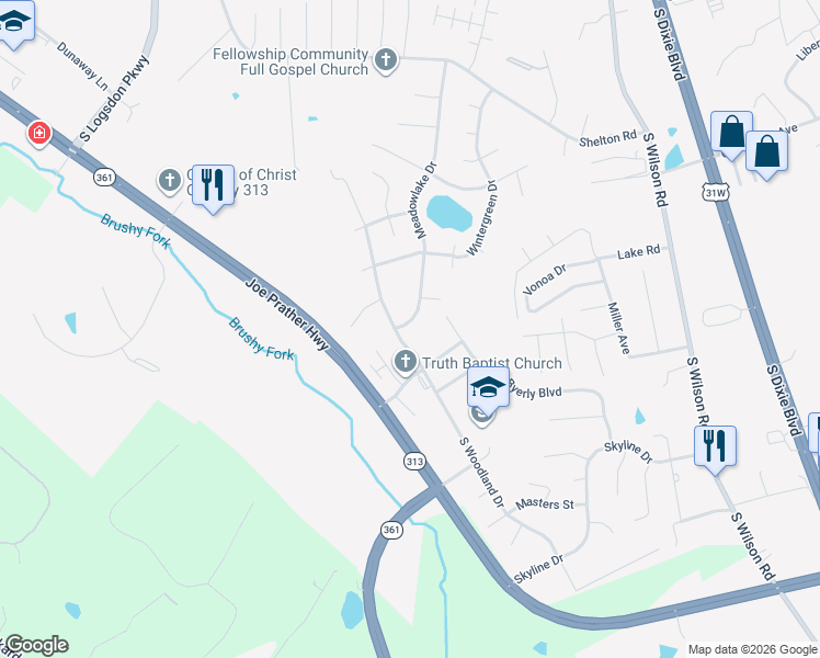 map of restaurants, bars, coffee shops, grocery stores, and more near 250 Meadowlake Drive in Radcliff