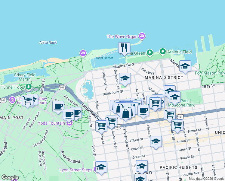 map of restaurants, bars, coffee shops, grocery stores, and more near 2250 North Point Street in San Francisco