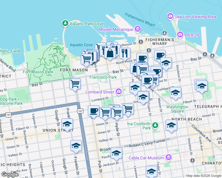 map of restaurants, bars, coffee shops, grocery stores, and more near Hyde St & Chestnut St in San Francisco