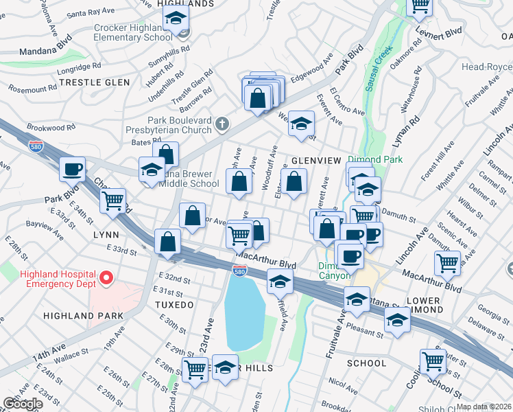 map of restaurants, bars, coffee shops, grocery stores, and more near in Oakland